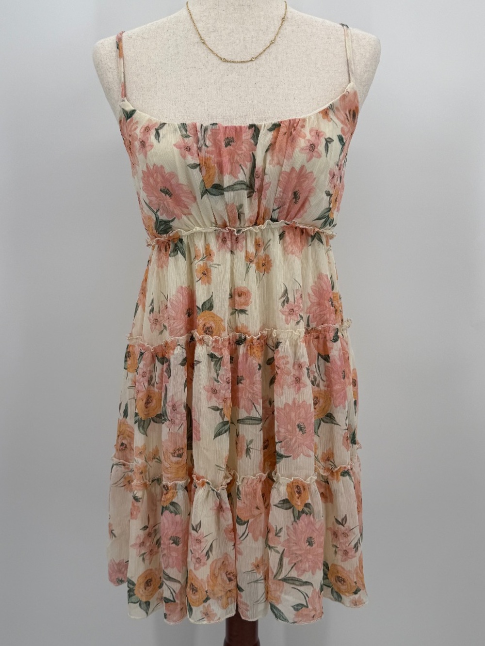 Pink Peach Floral Sleeveless Mini Dress Cottagecore Summer Ruffle Coquette M